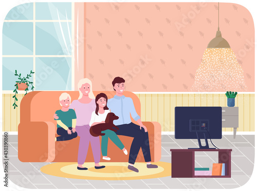 Family members sitting together watching TV. Illustration of mother, father, sun, daughter and dog sitting on sofa in room front of television set. Parents, children and favourite pet in living room