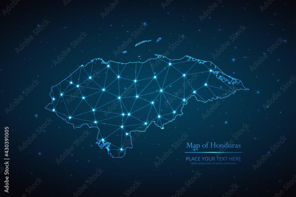 Abstract map of Honduras geometric mesh polygonal network line, structure and point scales on dark background. Vector illustration eps 10 Abstract map of Honduras geometric mesh polygonal network line, structure and point scales on dark background. Vector illustration eps 10