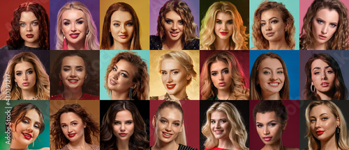 Collage of gorgeous women faces expressing different facial emotions. Studio shot against colorful backgrounds