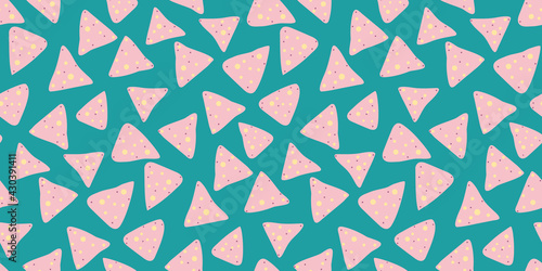 Pink nachos, tortilla fried chips seamless pattern on blue background. Mexican food vector design