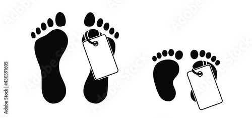 Feet with death tag. Human footprint. Death label. Body or baby in morgue. Flat vector footstep sign. Foot print with label. Legs are marked in mortuary or dead room..