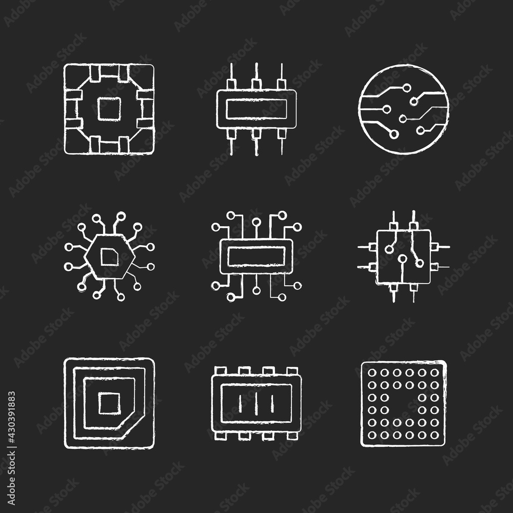 Microcircuits chalk white icons set on black background. Computer device circuit boards design creation. Modern microchips. Isolated vector chalkboard illustrations Microcircuits chalk white icons set on black background. Computer device circuit boards design creation. Modern microchips. Isolated vector chalkboard illustrations