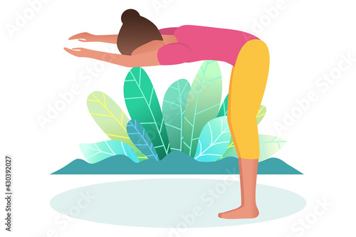 A woman is engaged in yoga in nature. Healthy lifestyle concept. Flat. Cartoon style. Vector.