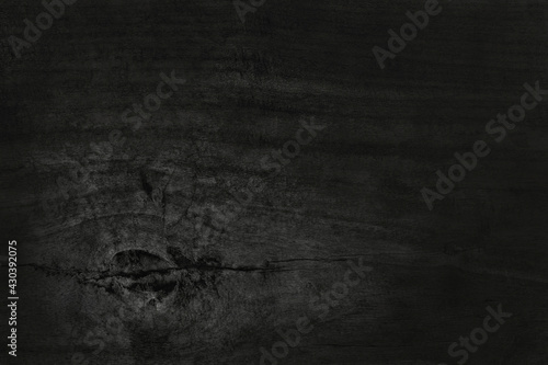 Black wooden wall background, texture of dark bark wood with old natural pattern for design art work, top view of grain timber.