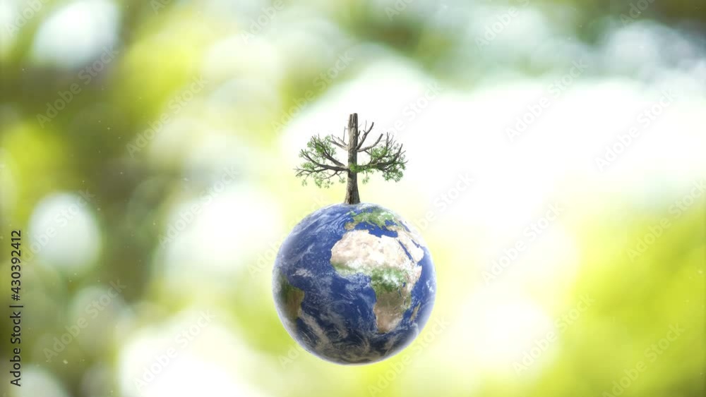 Planet Earth globe ball and growing tree on green sunny blur background. Saving environment, save clean planet, ecosystem concept. 3D Rendering. Planet Earth globe ball and growing tree on green sunny blur background. Saving environment, save clean planet, ecosystem concept. 3D Rendering.