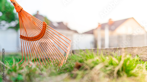 A bright orange garden fan rake stands near the garden bed in the spring sunlight
