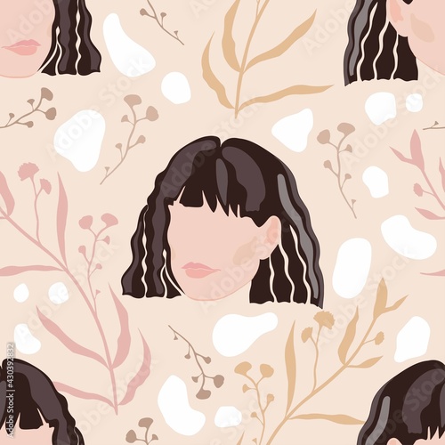 Vector seamless pattern face of a cute girl on a  beige background. Pattern in beige and brown colors. Portrait of a young  girl  style faceless. Design for printing on textiles  paper  packaging.