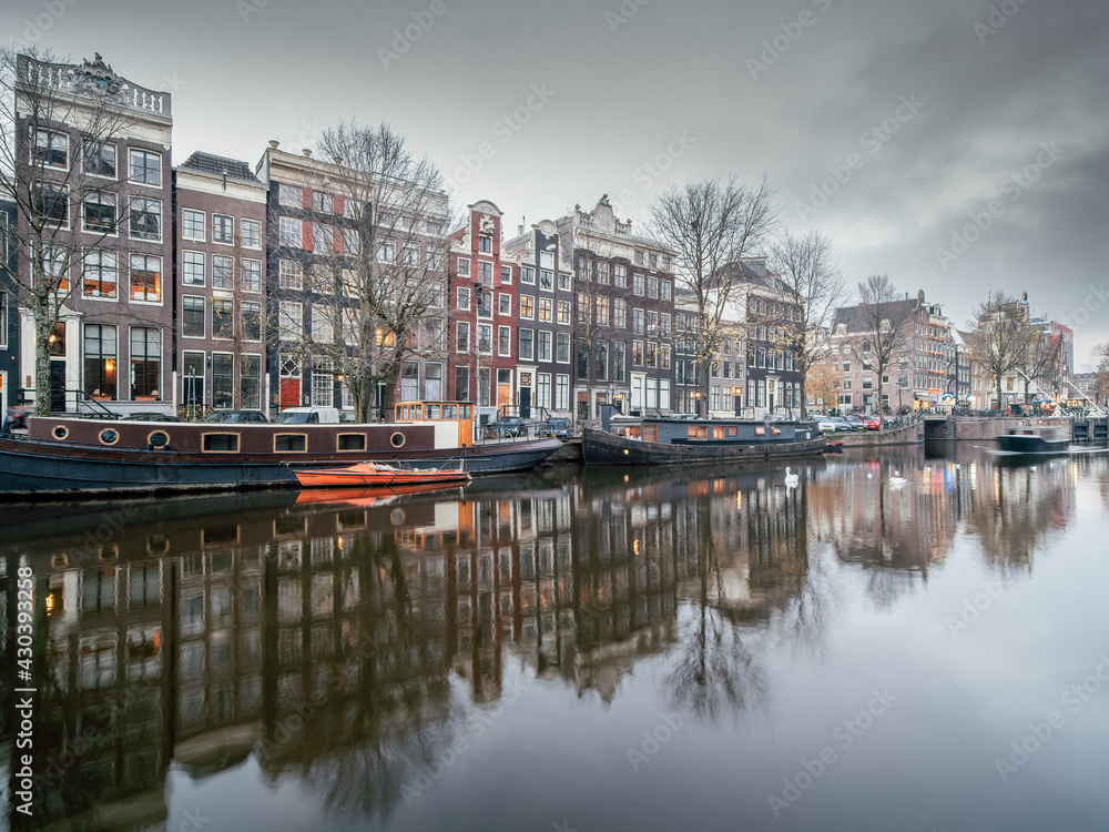 Historic canal houses along the Singel canal in Amsterdam
