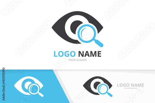 Vector eye and loupe logo combination. Unique search vision logotype design template.