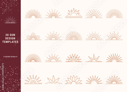Sunset and sunrise symbols, sun logo design templates collection. Boho style vector icons. Minimalist thin line illustrations for social media, company logotype, fashion industry. Editable strokes.