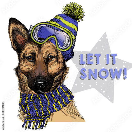 Hand drawn portrait of german shepherd dog wearing hat, goggles and scarf. Vector Christmas illustration. Colored puppy. Xmas, New Year. Greeting card, party flyer, invitation banner. Winter holiday.