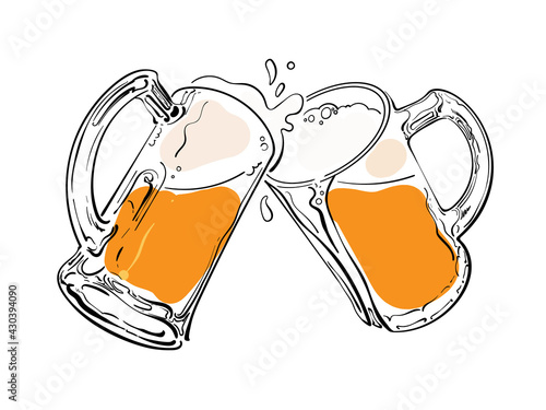 Sketch of two toasting beer mugs. Cheers. Hand drawn vector illustration isolated on white background.
