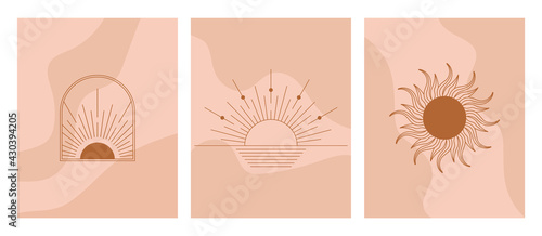 Boho linear sun, arch, arc set vector. Terracotta architecture elements in bohemian style. Tunisian, Algerian abstract print. Bohemian sun, moon, lines sign, logo. © passionart