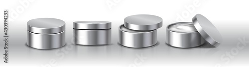 3d realistic vector silver cosmetic cream jars in front view with open and closed cap.