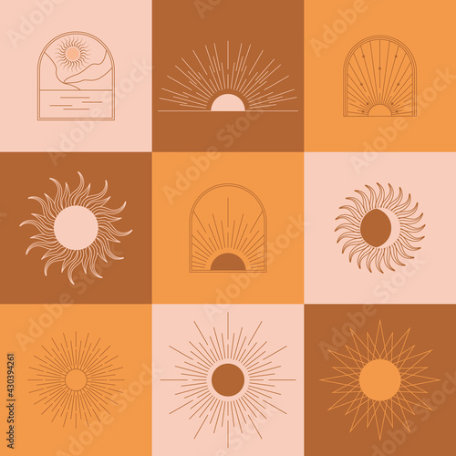 Boho linear sun, arch, arc set vector. Terracotta architecture elements in bohemian style. Tunisian, Algerian abstract print. Bohemian sun, moon, lines sign, logo.