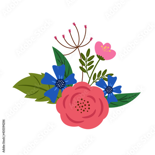 Floristic composition of flowers, leaves and berries. Vector illustration.