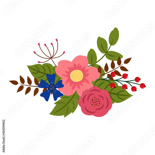 Floristic composition of flowers, leaves and berries. Vector illustration.
