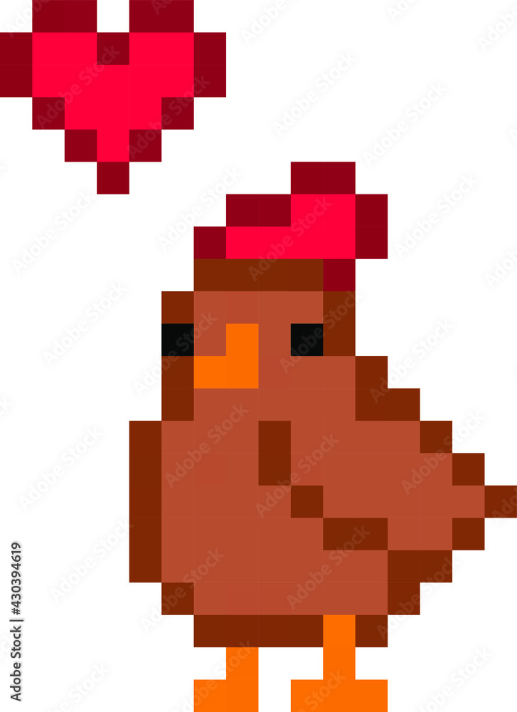 Obraz premium Cute pixel chicken with a heart over its head (vector, isolated)