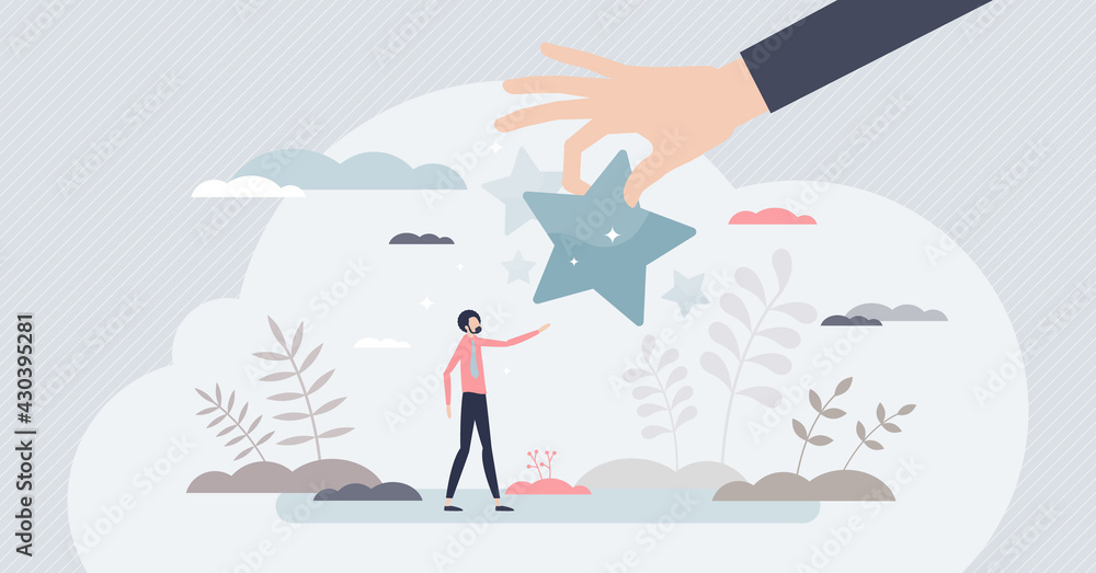 Encouragement and positive inspiration with bonus reward tiny person concept. Employee support and cheering with symbolic approval star vector illustration. Congratulation and appreciation from boss.