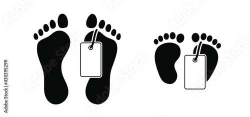 Feet with death tag. Human footprint. Death label. Body or baby in morgue.  Flat vector footstep sign. Foot print with label. Legs are marked in mortuary or dead room.