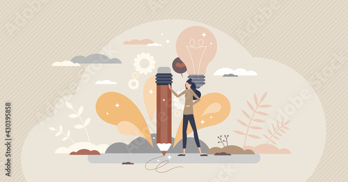 Creativity writing and new creative mind ideas thinking tiny person concept. Imagination and inspiration work process with light bulb as smart and intelligent element creation vector illustration.