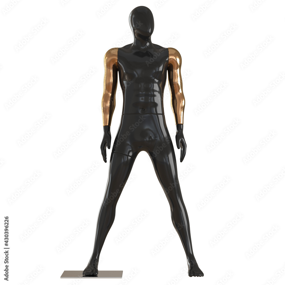 A black male mannequin with golden hands stands wide apart legs on a white background. Front view. 3d rendering A black male mannequin with golden hands stands wide apart legs on a white background. Front view. 3d rendering