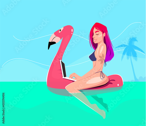 beautiful girl with pink hair in bikini works on a laptop, possibly participates in a video conference while sitting on an inflatable flamingo. Freelance, summer, vacation, tropical paradise. Vector