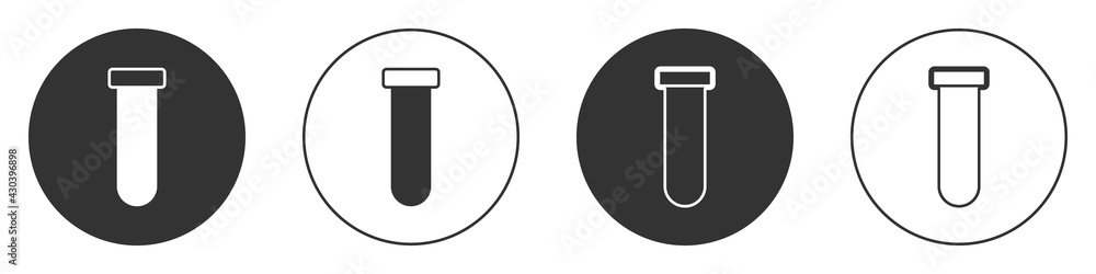 Black Test tube and flask chemical laboratory test icon isolated on white background. Laboratory glassware sign. Circle button. Vector Black Test tube and flask chemical laboratory test icon isolated on white background. Laboratory glassware sign. Circle button. Vector