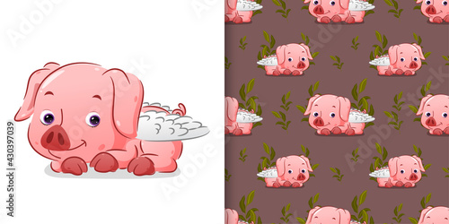 The seamless of the cute cupid pig lie down on the mud with the cute face