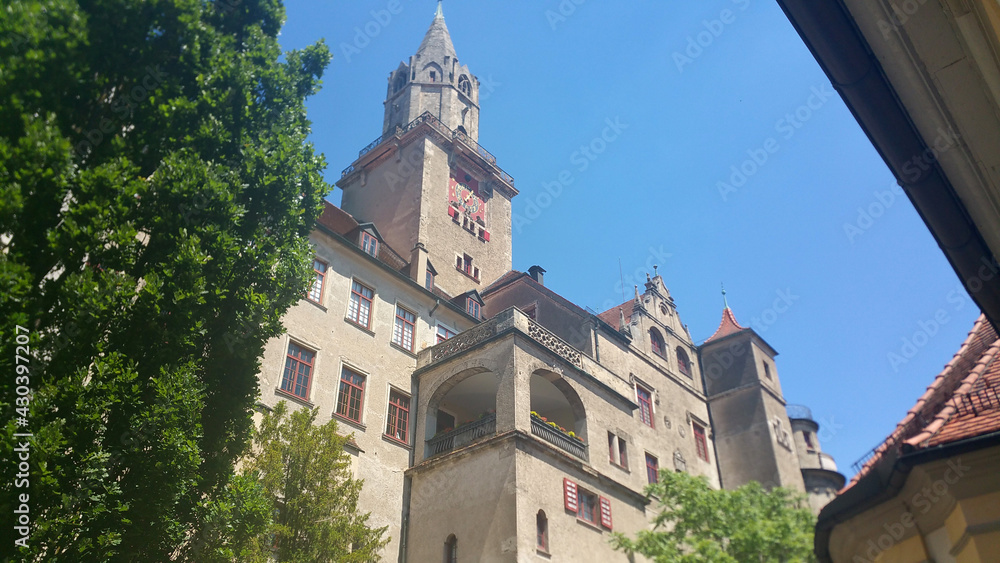 Sigmaringen, Germany - June 25, 2020: Sigmaringen castle in the Baden-Wurttemberg. Residence of the Hohenzollern earls and princes. It stands on the hill known as Castle Rock. Sunny summer day.