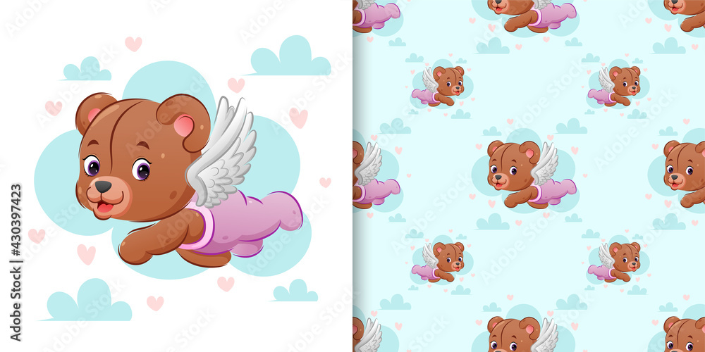 The seamless pattern of the cute cupid teddy bear is flying with his wings in the sky The seamless pattern of the cute cupid teddy bear is flying with his wings in the sky