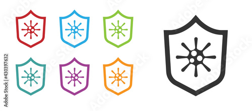 Black Shield protecting from virus, germs and bacteria icon isolated on white background. Immune system concept. Corona virus 2019-nCoV. Set icons colorful. Vector