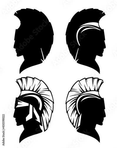 profile head of spartan warrior wearing helmet - black and white vector military man head design