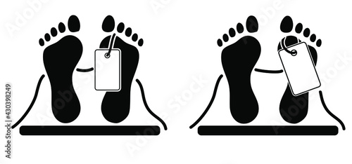 Feet with death tag. Human footprint. Death label. Body man or woman  in morgue. Flat vector footstep sign. Foot print with label. Legs are marked in mortuary or dead room.