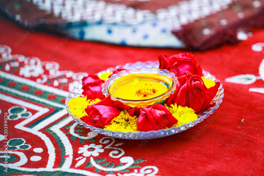 Traditional wedding ceremony in Hinduism: Turmeric in plate for haldi ...