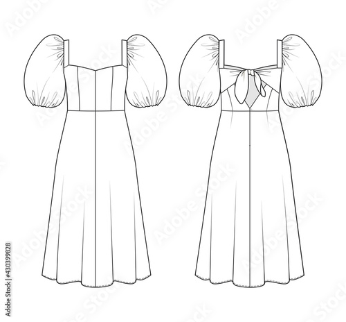 Fashion drawing of puff sleeve dress. Fashion illustration of romantic summer dress.