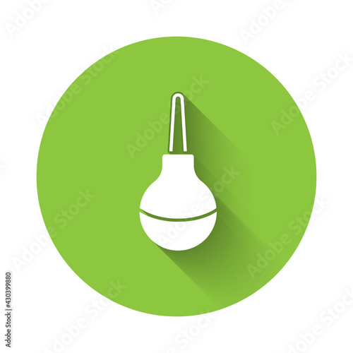 White Enema icon isolated with long shadow. Enema with a plastic tip. Medical pear. Green circle button. Vector