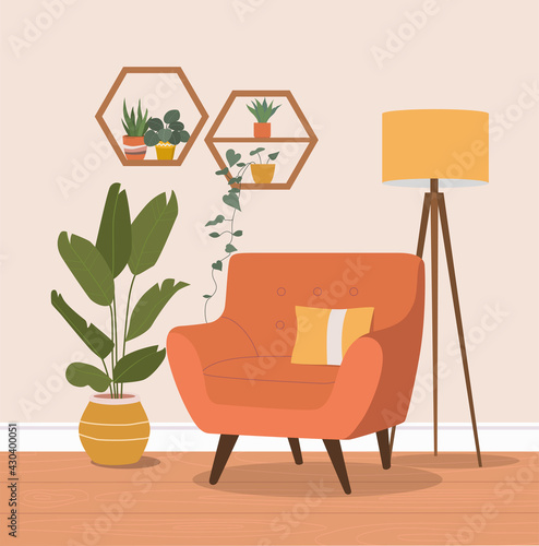 Comfortable chair, lamp and house plants. Vector flat illustration