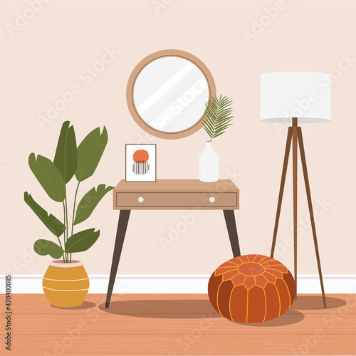Dressing table with mirror. Cozy home interior.  Vector flat cartoon illustration