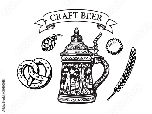 Vintage set of beer objects in engraving style. Stein beer mug, pretzel, hop cone, bottle cap, barley. Vector illustration.