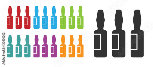 Black Medical vial, ampoule, bottle icon isolated on white background. Vaccination, injection, vaccine healthcare concept. Set icons colorful. Vector