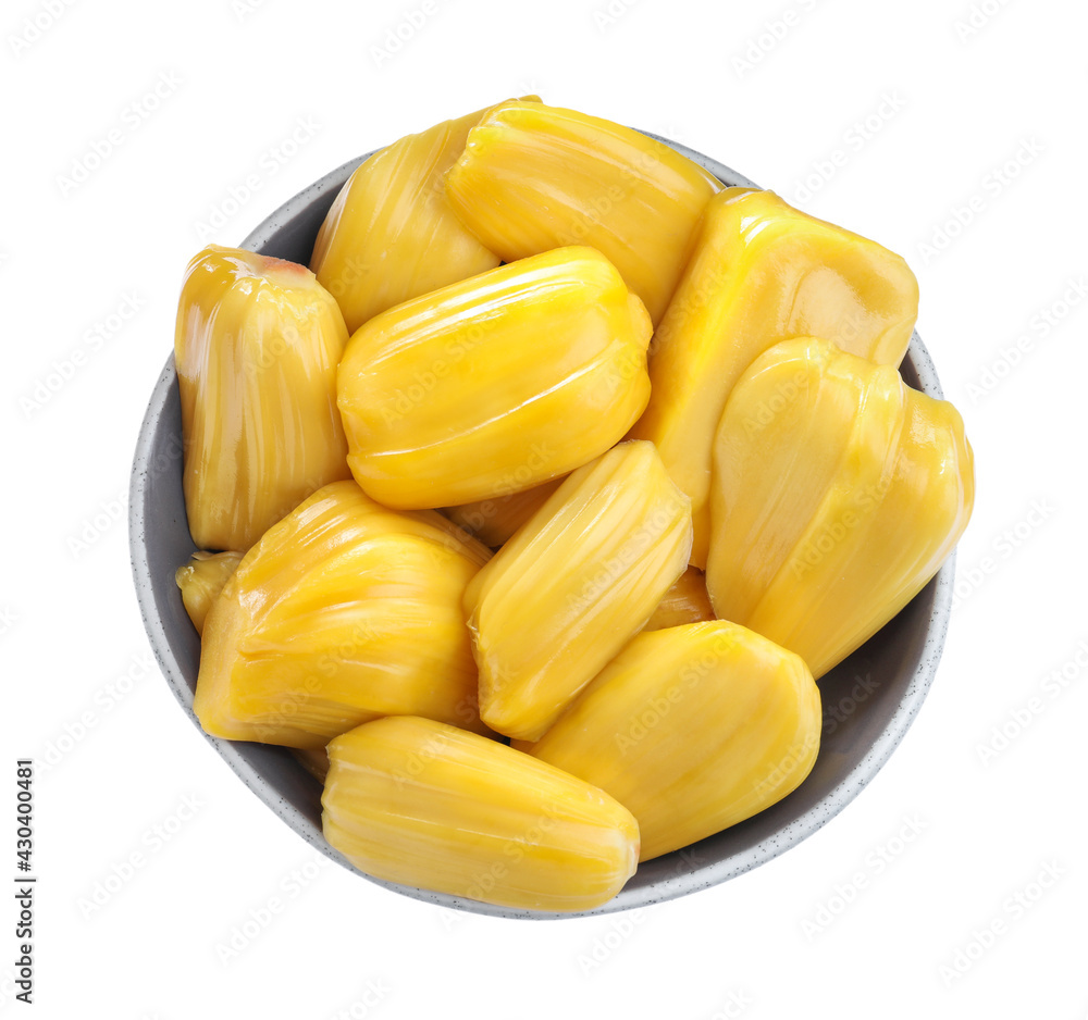 Delicious jackfruit bulbs in bowl on white background, top view Delicious jackfruit bulbs in bowl on white background, top view