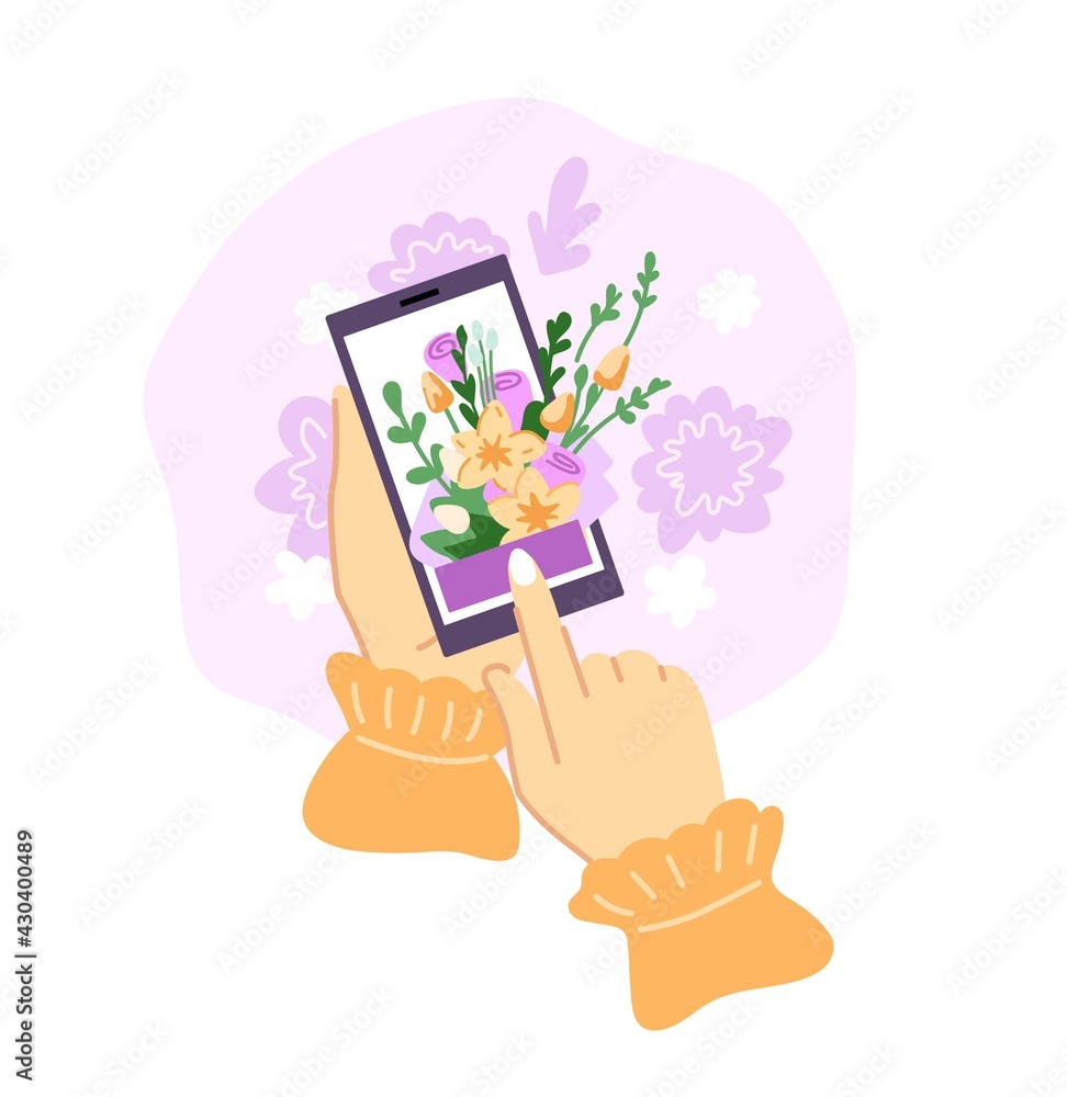 Fototapeta premium Elegant female hands holding smartphone with flower coming out of screen. Flower delivery, online ordering, shopping, mobile app concept. Hand-drawn vector illustration.