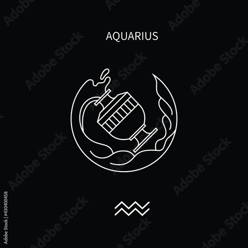 aquarius horoscope symbol in twelve zodiac constellation. a flat line zodiac icons isolated on black background. astrology and mythology collection in vector.