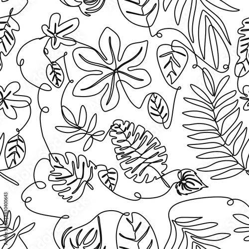 Seamless one line summer pattern. Tropical leaves in one line. Fashionable abstract trend vector illustration