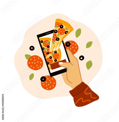 Pizza online delivery concept. Hand holding smartphone with pizza on the screen, ordering fast food using mobile app. Abstract hand-drawn illustration.