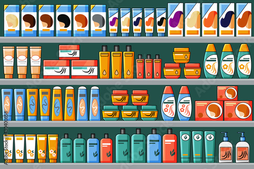 Shelves filled with hair and beauty products, shampoos, hair dyes. Vector background in cartoon style