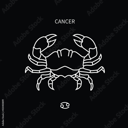 cancer horoscope symbol in twelve zodiac constellation. a flat line zodiac icons isolated on black background. astrology and mythology collection in vector.