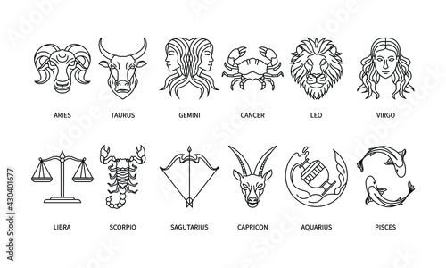 set of horoscope symbol in twelve zodiac constellation. a flat line zodiac icons isolated on black background. astrology and mythology collection in vector.
