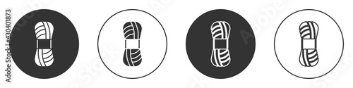 Black Yarn icon isolated on white background. Label for hand made, knitting or tailor shop. Circle button. Vector